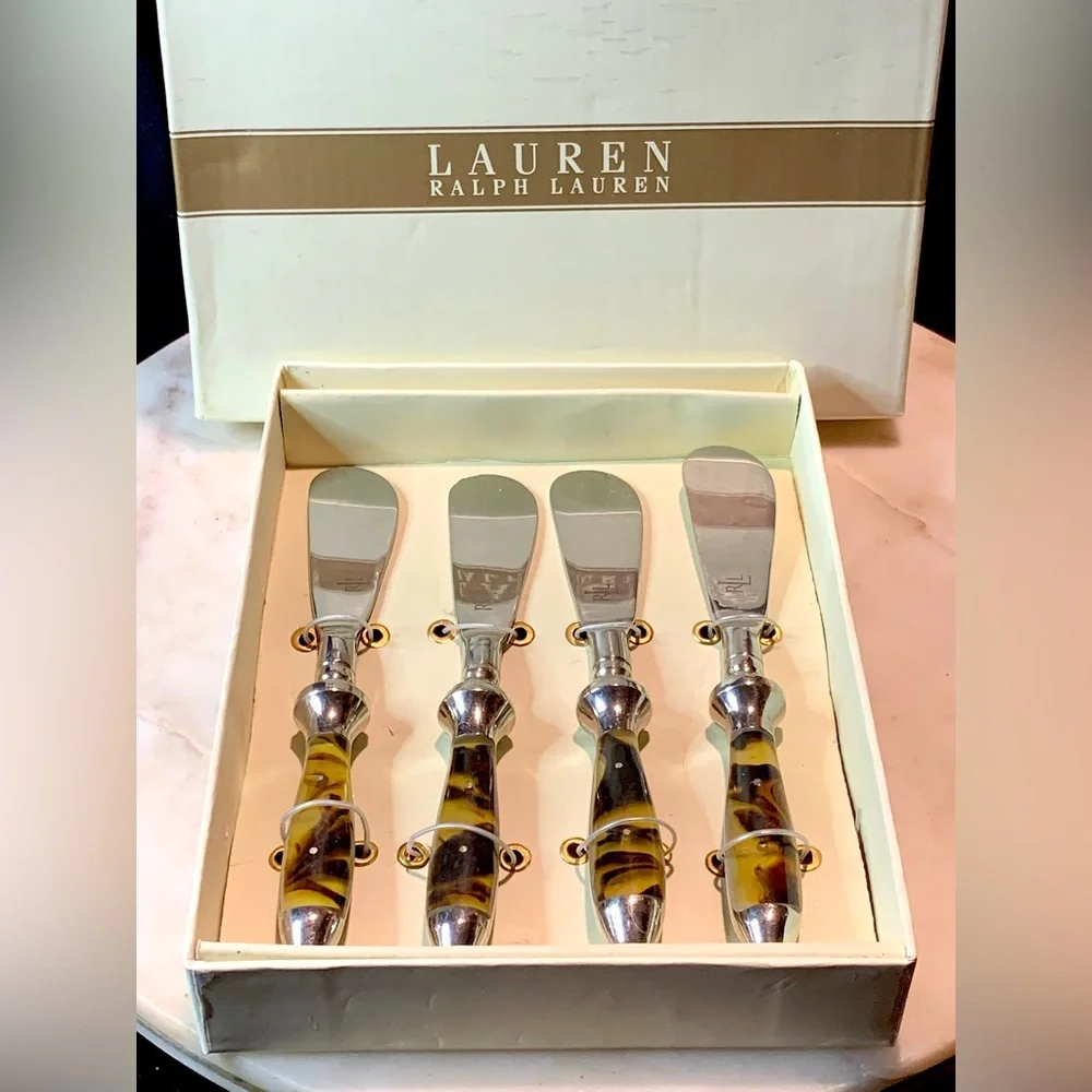 RALPH LAUREN WENTWORTH TORTOISE SPREADERS KNIVES SET OF 4 STAINLESS STEEL